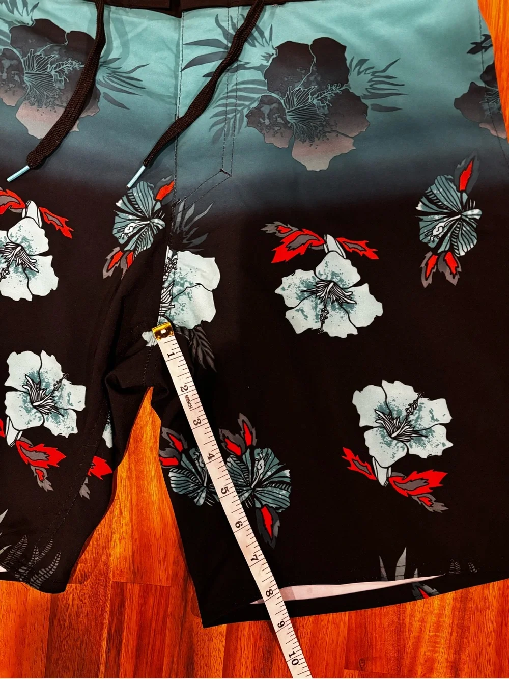 Burnside Men's Black & Teal Tropical Floral Swim Trunks Drawstring Waist 30